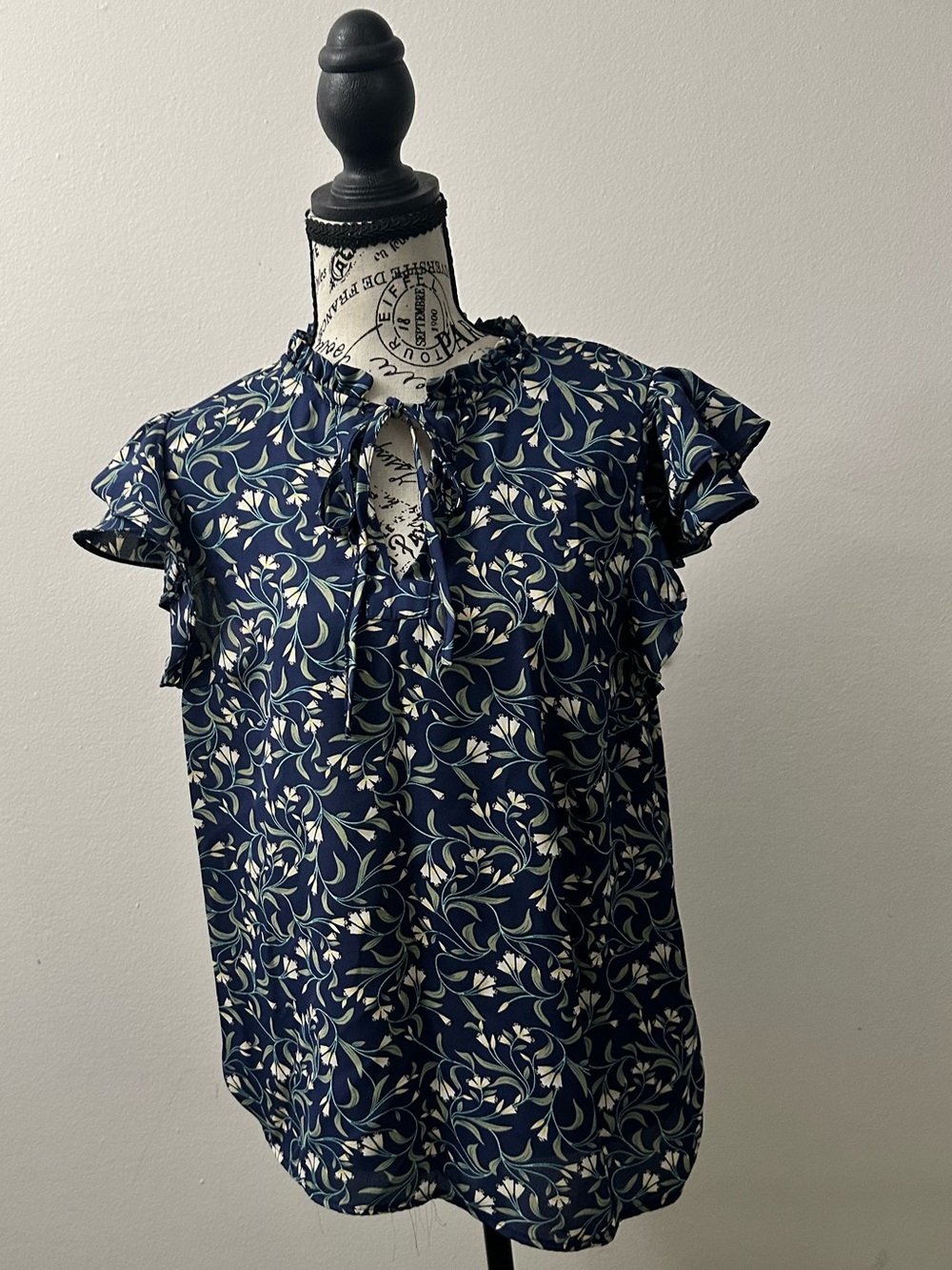 Blue, Green and Cream Floral Ruffled Flutter Sleeve Top